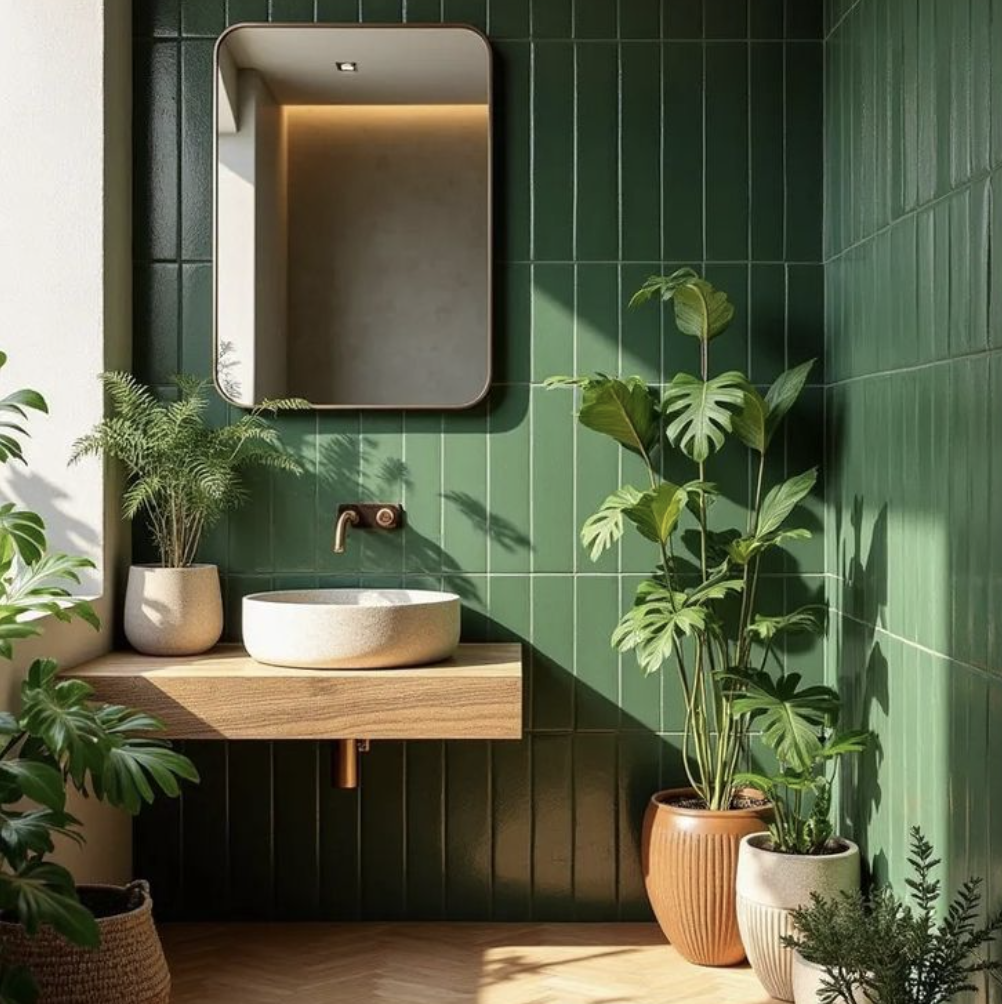 Bathroom setting with basin, mirror, and green tile wall